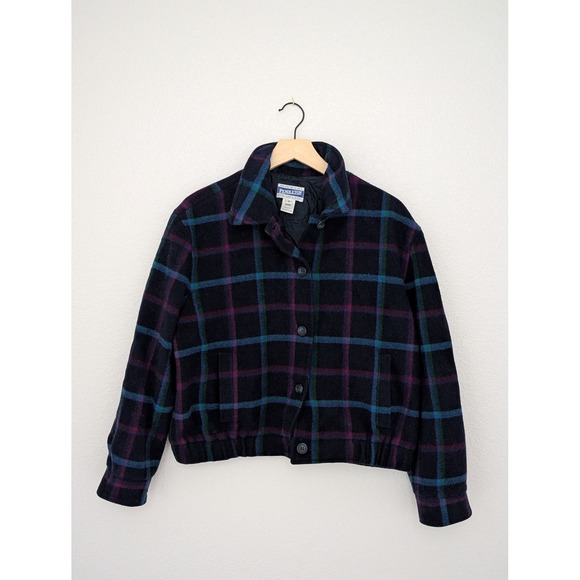 Pendleton Jackets & Blazers - Pendleton Wool Bomber Jacket Navy Blue Plaid Button Up Vintage Womens M